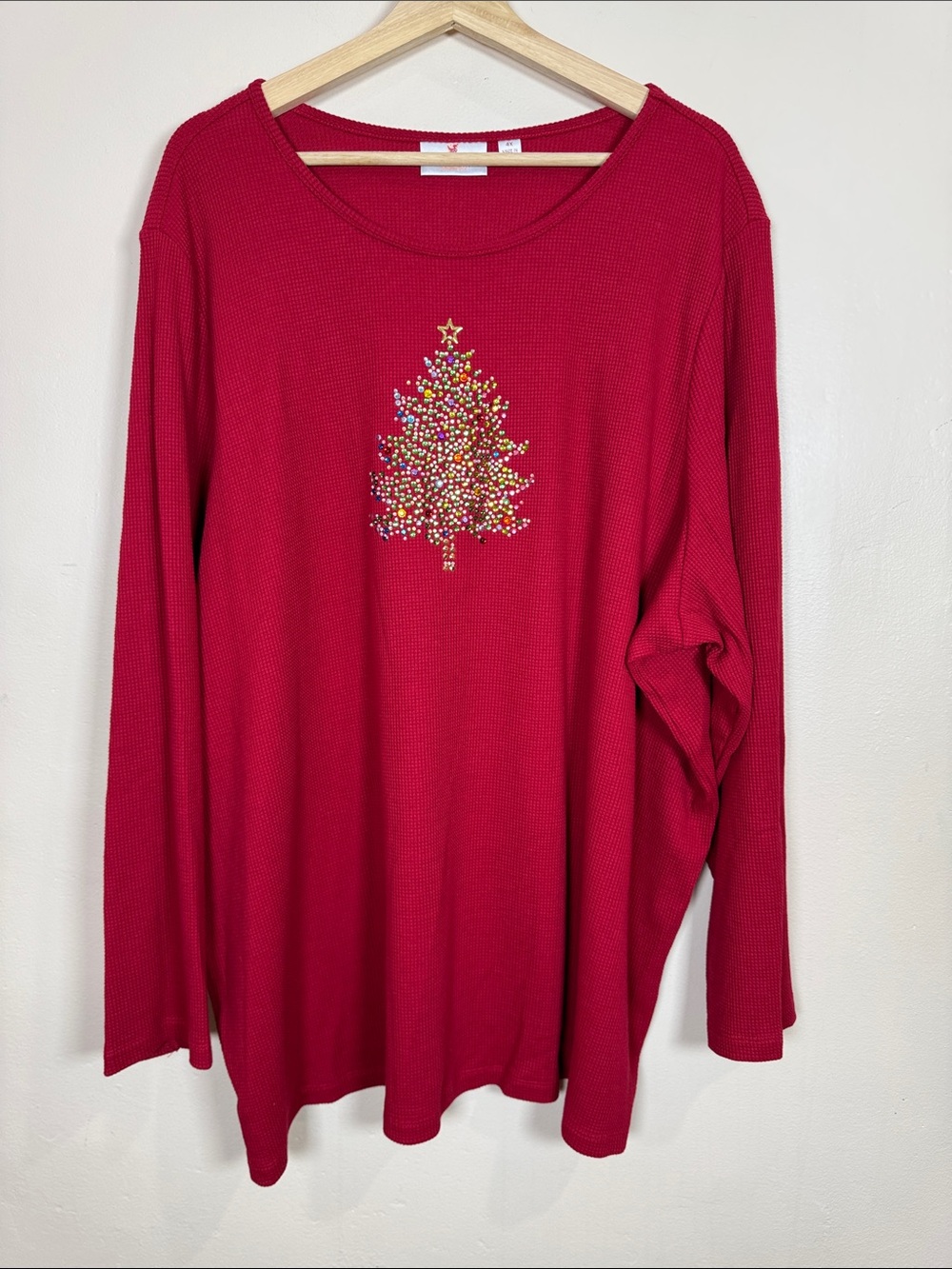 Quacker Factory Red Waffle-Knit Long Sleeve Top Plus Size 4X Christmas Tree